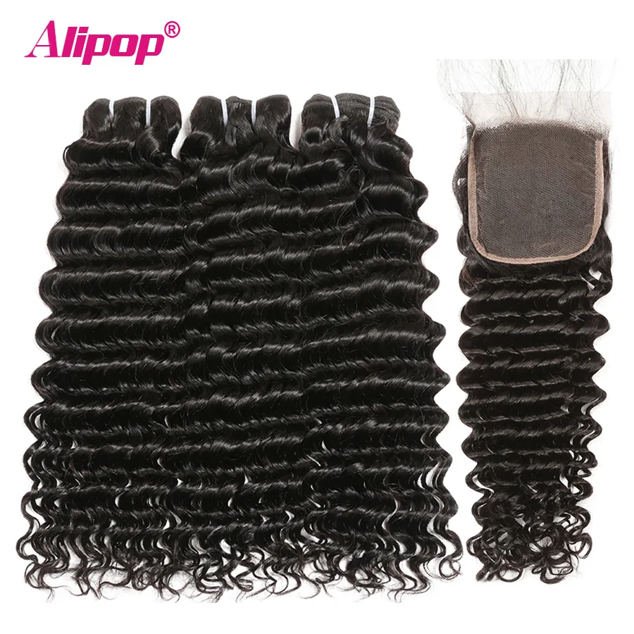 Brazilian Hair Deep Wave 234 Bundles With Closure 5X5 Lace Closure Alipop Remy Hair Vendors Human Hair Bundles With Closure  (1)