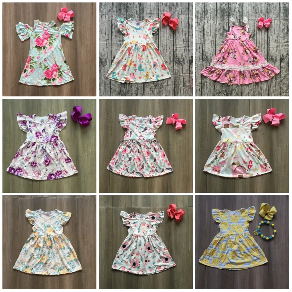 

new summer cotton milk silk baby girls kids boutique clothes dress short unicorn floral lemon ruffles with matching accessories