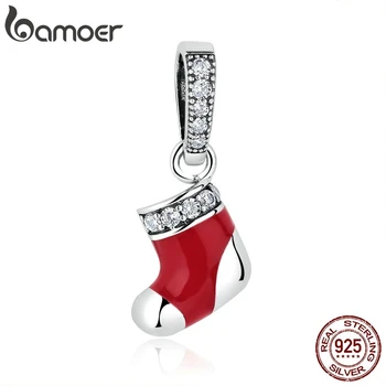 

BAMOER 100% 925 Sterling Silver Christmas Socks Red Beads Charms fit Women Bracelets Necklaces DIY Accessories SCC074