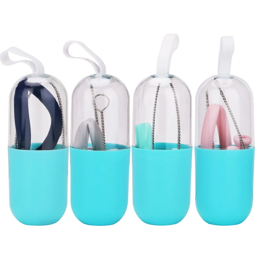 

7mm Reusable Silicone Straws Food Grade Collapsible Straws Drinking With Carry case & Cleaning Brush for Travel, Home, Office