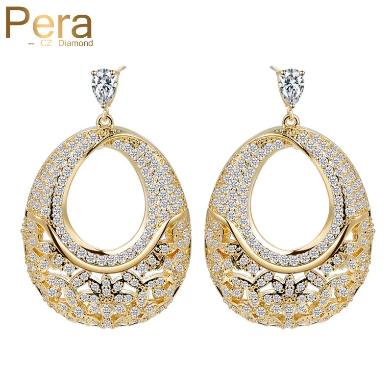 

Pera Vintage African Women Gold Color Ear Jewelry Big Statement Hollow Dangle Long Drop Cubic Zirconia Prom Party Earrings E372