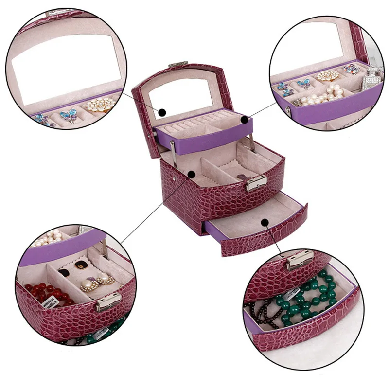 Ship From RU 3 Layers Jewelry Box With Drawers Necklace Jewelry Case With Lock And Key Makeup Mirror PU Leather M8694