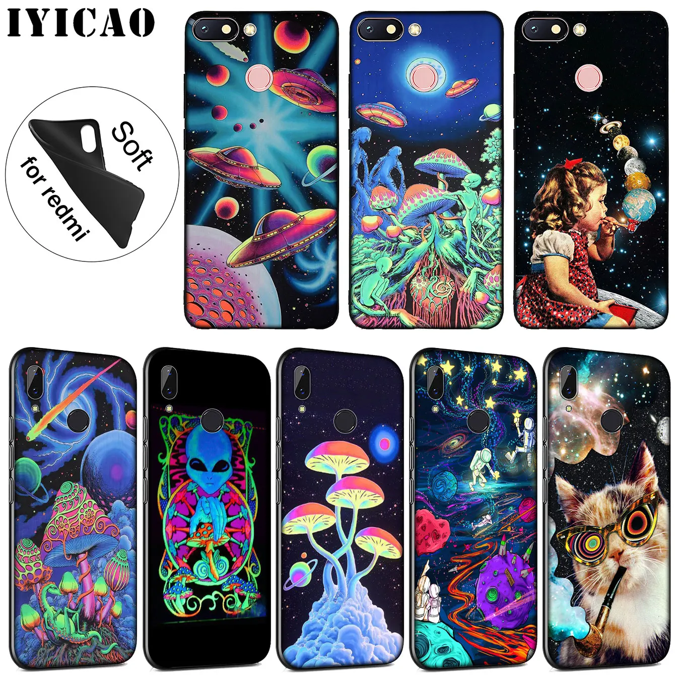 IYICAO Trippy wall art Alien astronaut Soft Silicone Case for Xiaomi Redmi K30 K20 8A 7A 6A 5A S2 GO Note 8 8T 7 5 6 Pro |