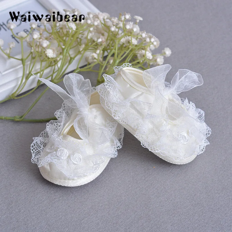 Waiwaibear Hot Sale  Baby Shoes Lace Flower Soft Soled First Walker Infant Toddler Princess Lace-Up Shoes For Newborn Baby Girls