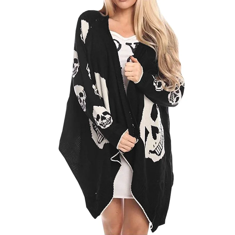 

Europe and American Style Cool Jacket 2018 Spring Autumn Skull Head Irregular Hem Draped Cardigan Knit Sweater For Women