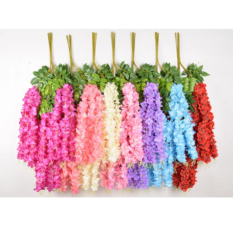 6 шт. 110 см искусственные цветы глицинии для Свадебные украшения Высокое качество шелк цвета слоновой кости с цветочным принтом строка Настоящее сенсорный настенный лоза Дизайн