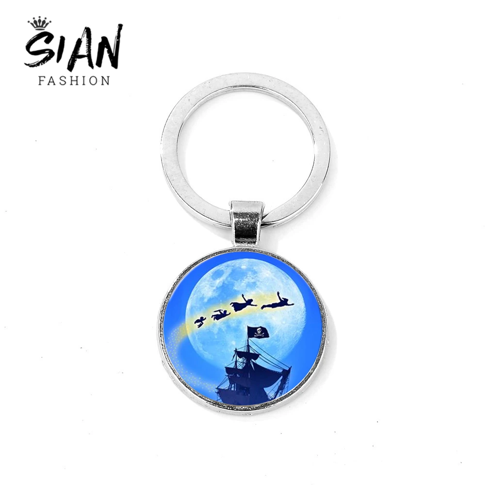 

SIAN Peter Pan Anime Keychain Never Grow Up Quote Cartoon Printed Glass Cabochon Pendant Key Chain Ring Car Backpack Accessories