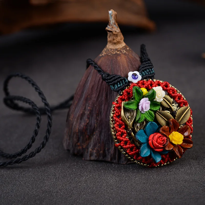 Antique Round Bronze Medal Flower Pattern Pendant Necklace Handmade Braided Rope Long China Ethnic Women Gift Jewelry | Украшения и