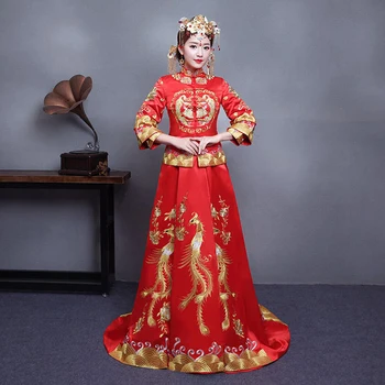 

Red embroidery style formal dress royal phoenix wedding cheongsam costume bride vintage Chinese traditional Tang suit Qipao