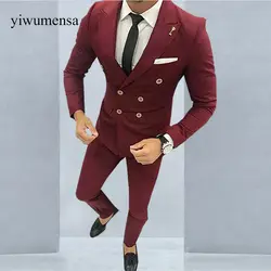 YWMS-21 последние конструкции пальто брюки бордовый мужской костюм двубортный пиджак Slim Fit 2 шт смокинг для жениха Блейзер Выпускной костюм