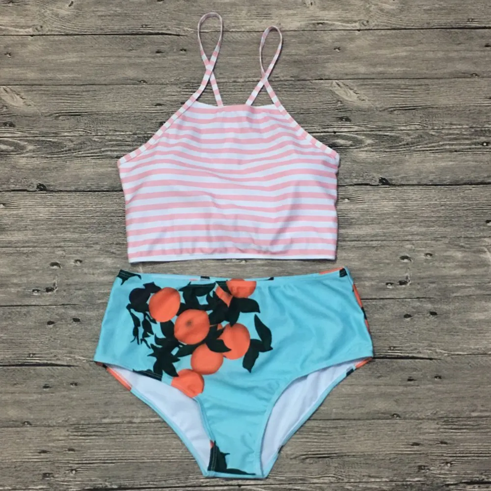 

Funfeliz High Waist Bikinis Bandeau Bikini Swimsuit for Women Striped Bandage Sexy Bandage Bikinis Floral Print Women Swimsuit