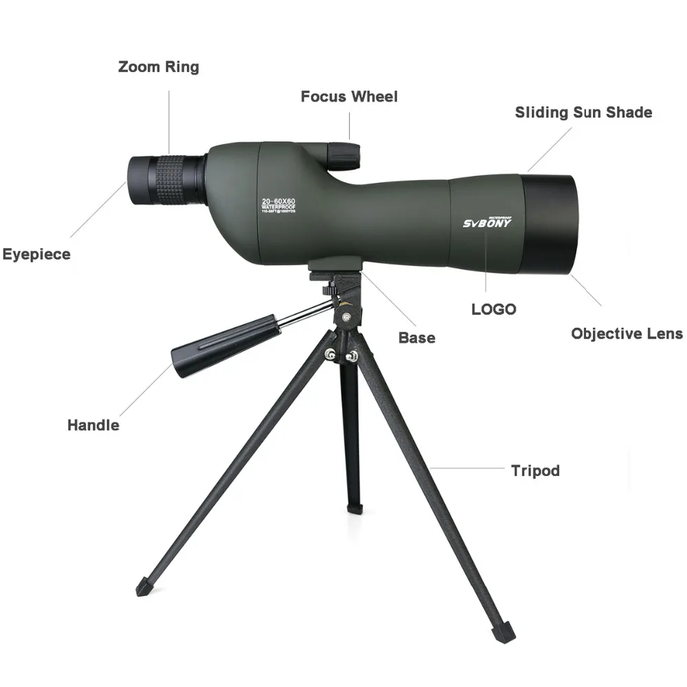 SV28 Spotting Scope 20-60x60 Straight 180 Degree Zoom Telescope Waterproof for Hunting Birdwatch w/Soft Carry Case+Tripod F9308E