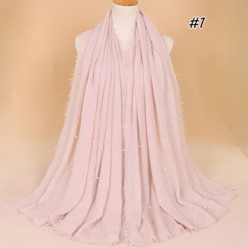 Модный хлопковый опрессованный хиджаб рами, женский зимний головной шарф высокого качества, шерсть, шелк, пряжа, жемчуг, головной платок - Цвет: 1