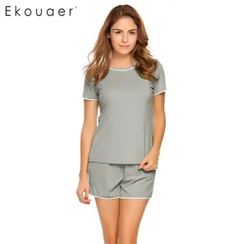 

Ekouaer Casual Pajamas Summer Women O-Neck Short Sleeve T-Shirt & Shorts Sleepwear Solid Loose Home Clothing Plus Size