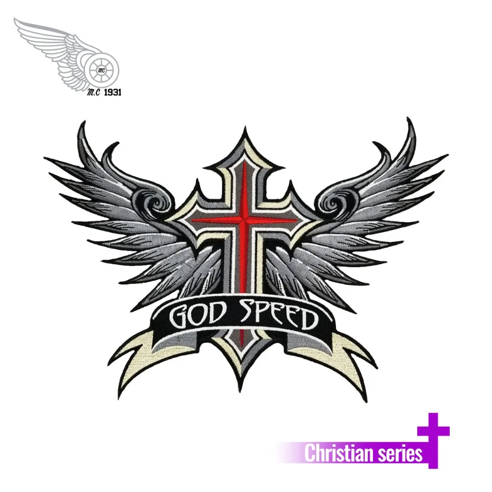 

GOD SPEED CROSS Biker Motorcycle Embroidered Iron On Back of Jacket Patch White twill fabric Free Shipping DIY Eco-Friendly