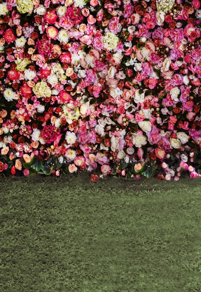 Laeacco Blooming Flowers Wall Green Grassland Wedding Photography