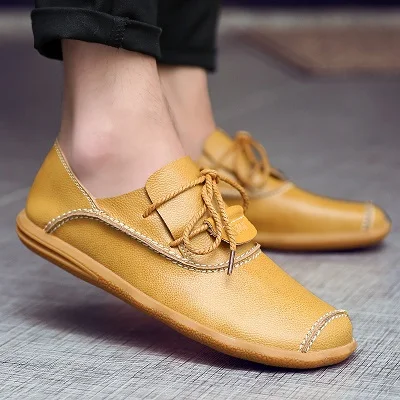 YATNTNPY/брендовая мужская обувь; Высококачественная обувь из натуральной кожи; мужские кроссовки; Стильные повседневные Мокасины на плоской подошве - Цвет: light yellow