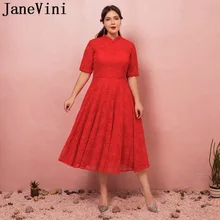JaneVini 2018 Rosso Vintage Abiti da sposa Collo Alto Manica Corta Tè Lunghezza Pizzo Cerniera Posteriore Plus Size Vestito Lungo Elegante