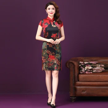 

2020 Spring Summer Short Sleeve Printed Silk Women Dress New Style Improved Cheongsam Elegant Temperament Slim Female Dresses