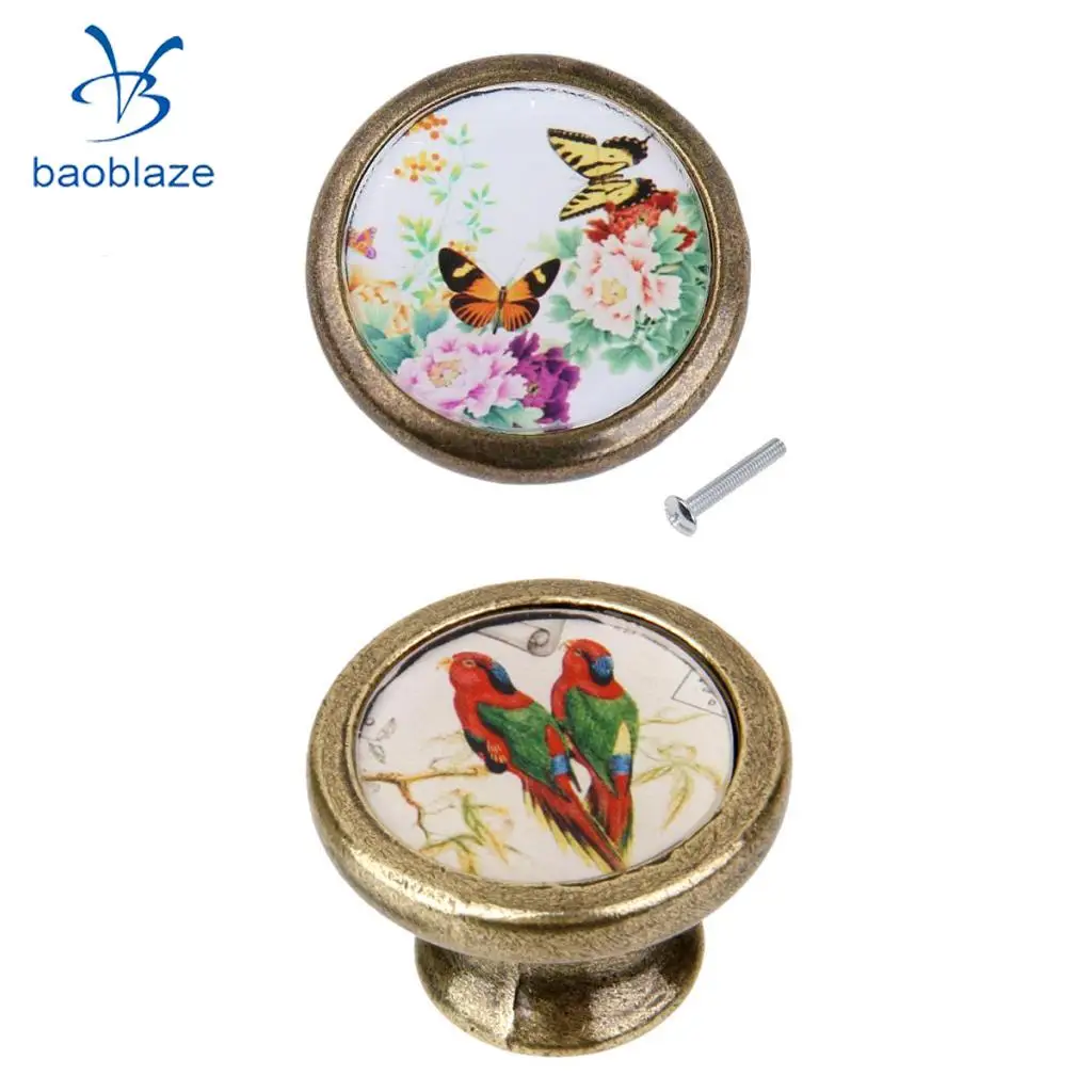 2 Pieces Antique Brass Cabinet Drawer Round Pulls Wardrobe Cabinet Door Cupboard Knob Handle Butterflies + Birds
