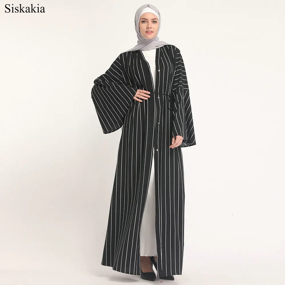 Siskakia Muslim Elegant Stripe Patchwork Single breasted Cardigan Robe Abaya Women Eid High Waist Flare Sleeve Slim Sashes Abaya (4)