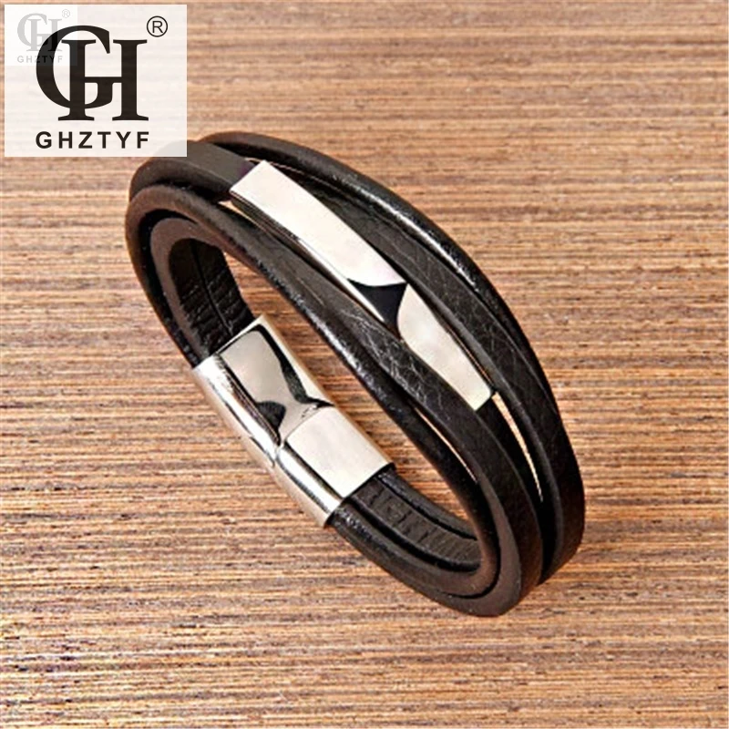 

Stainless Steel Leather Bracelet For Men's 2018 Fashion New Steel's Magnet Buckle Wristband Bangle Jewelry Christmas Gift