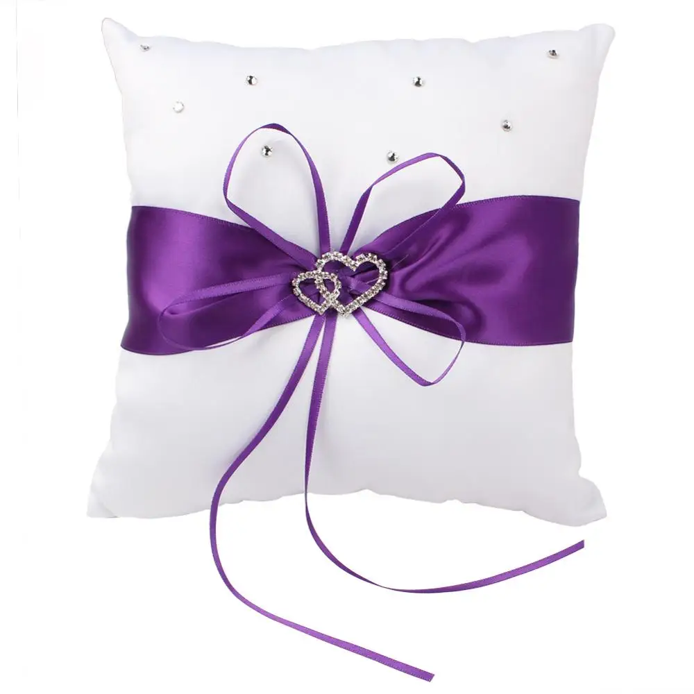 purple OurWarm, 20X20 см, Алмазный Свадебный кармашек, кольцо, подушка, подушка, свадебные принадлежности, свадебное атласное кольцо, подушка, двойное сердце, бант - Цвет: purple