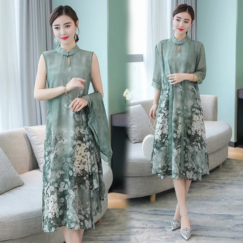 

Green 2 piece set dress suits plus size women summer Chinese style vintage party midi dress with caridgan clothing Vestido