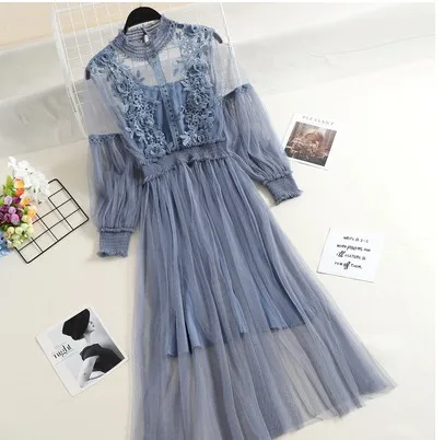 WKOUD, 2 шт., открытое кружевное платье, цветочный рисунок, рукав-фонарик, элегантные платья, сетка, пэчворк, средней длины, Vestidos, сексуальное платье L8025 - Цвет: blue