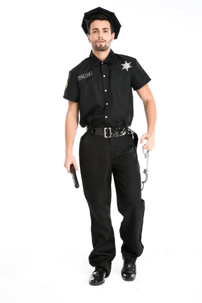 

Hot sale Men's Black Cool Police Costumes Cosplay Cop Army Uniform Man Halloween Clothing