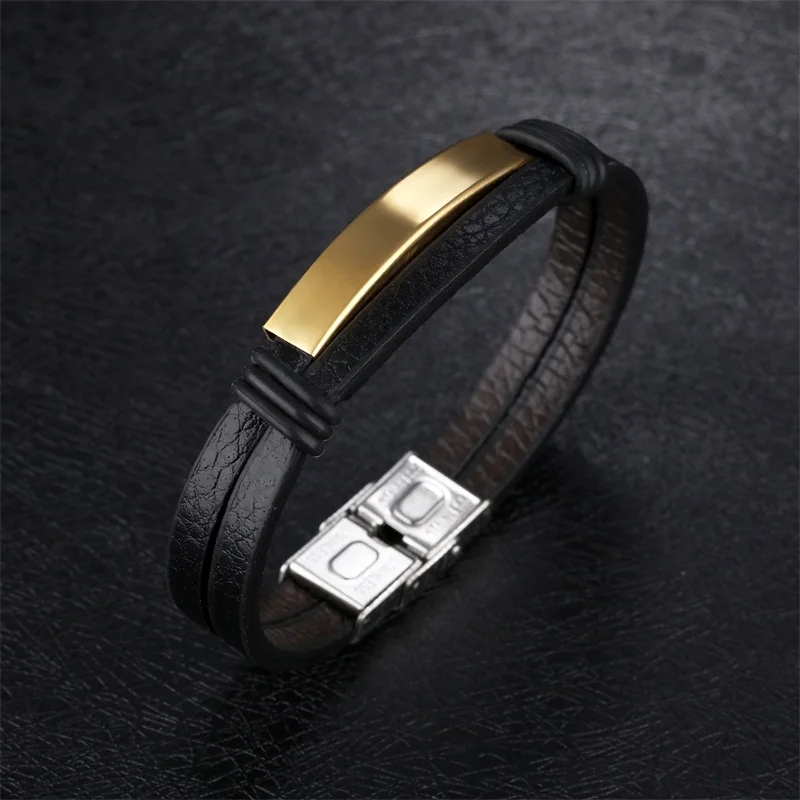 AZIZ BEKKAOUI винтажный браслет из натуральной кожи для мужчин, выгравированные браслеты из нержавеющей стали, мужские ювелирные изделия, подарок, Прямая поставка - Окраска металла: gold