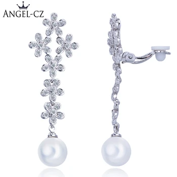 

ANGELCZ Elegant CZ Cluster Flower with Big Round Pearl Drop No Ear Hole Long Bridal Clip Earrings Jewelry Without Piercing AE219