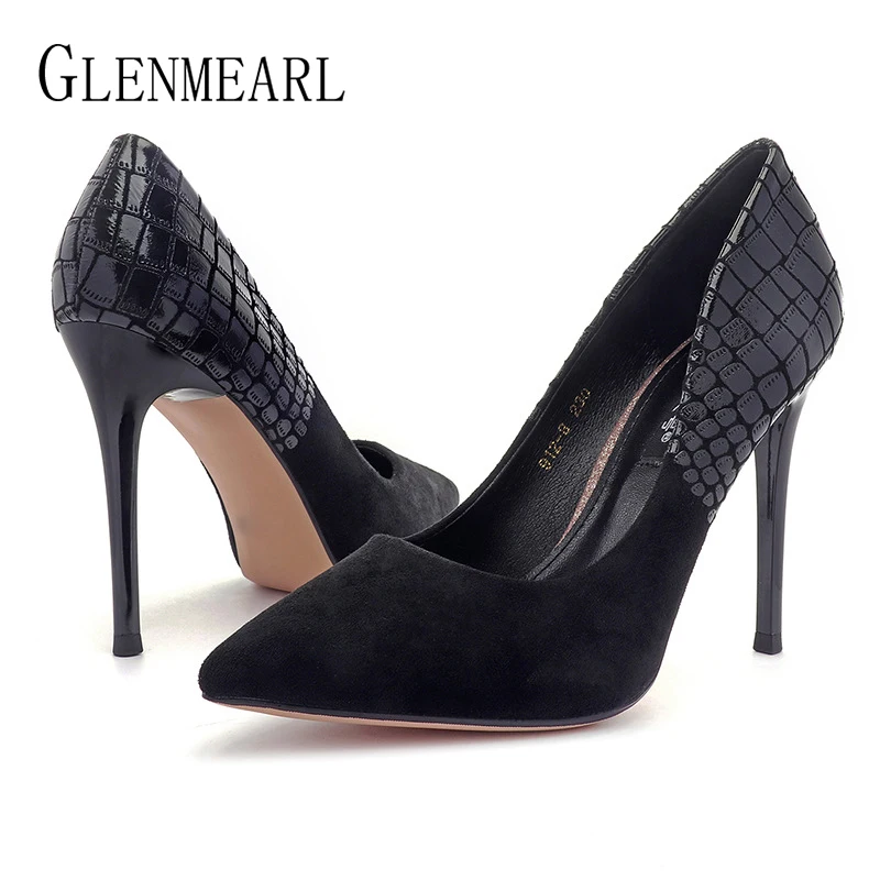 

Women Shoes High Heels Pointed Toe Woman Pumps Suede Stitching Snakeskin Pattern Party Shoes Spring Slip On Dress Plus Size DE