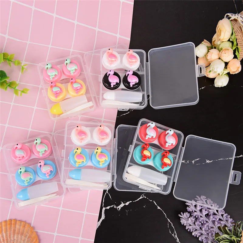 

2pairs Flamingos Plastic Colorful Contact Lens Case Travel Container Holder Soaking Box Hot Sale Color Random