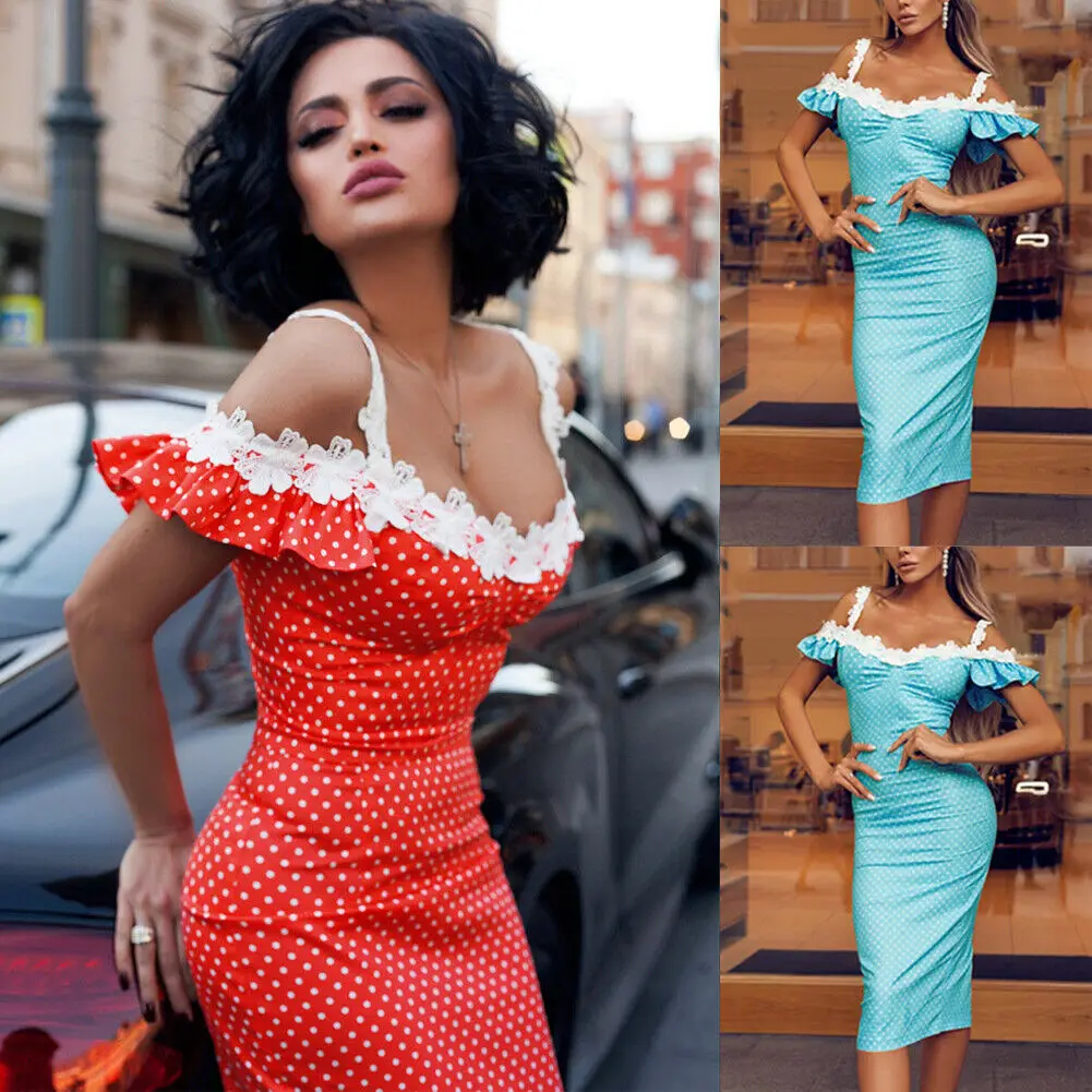 

Women's Summer Boho Polka-dot Off Shoulder Dress Ladies Evening Party Ball Beach