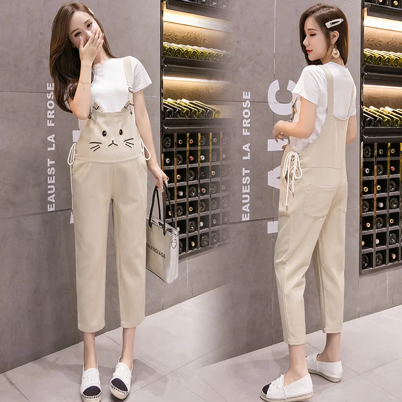 

655# 7/10 Length Summer Fashion Maternity Bib Pants Cat Embroidery Jumpsuit Clothes for Pregnant Women Cotton Pregnancy Overalls