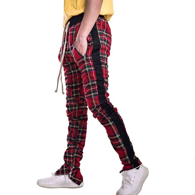 mens plaid pants with side stripe