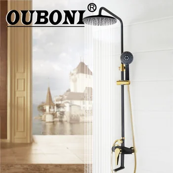 

OUBONI Black Shower Set Gold-plated Wall Mounted Bath Shower Faucet Rotation Tub Spout Handheld Shower Spray + Rainfall Head
