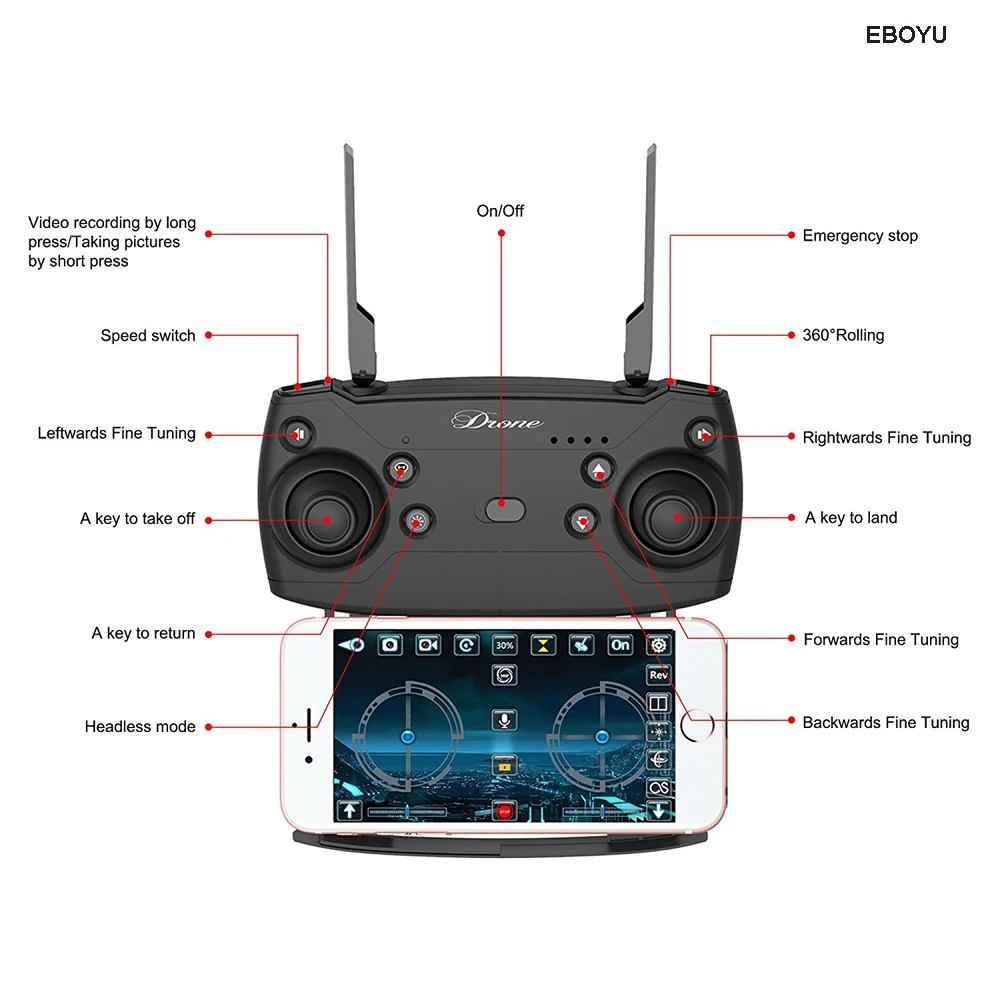 EBOYU(TM) YH-19HW 2,4 ГГц 2.0MP широкий угол Wi-Fi FPV RC Дрон для селфи Дрон складной RC Квадрокоптер высота удержания 3D флипы рулон RTF