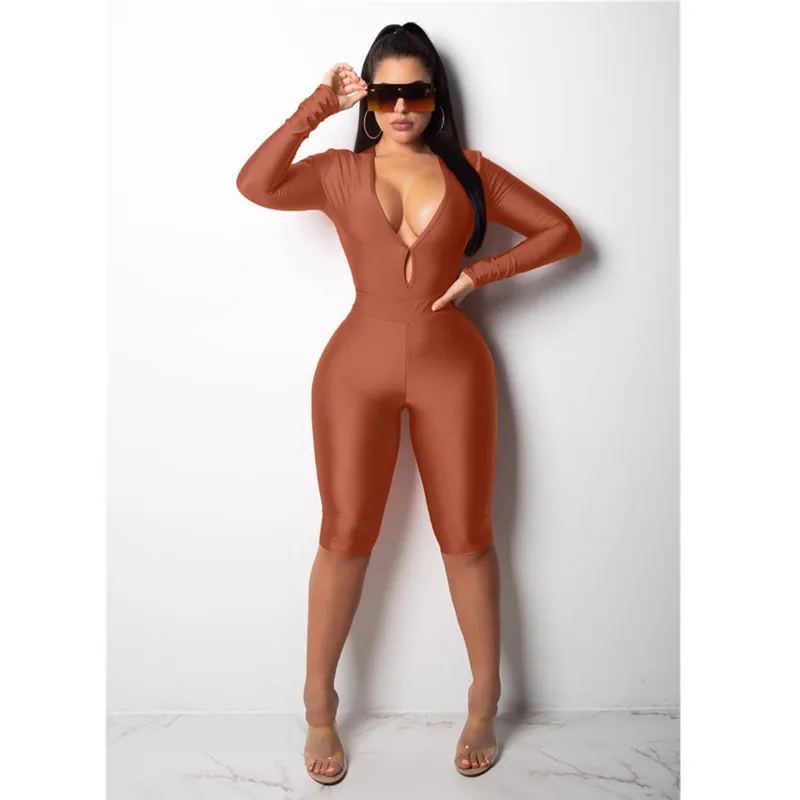 2018 осень с длинным рукавом облегающее боди Playsuit Ползунки Для женщин Sexy Plunge глубоким v-образным вырезом Одна деталь комбинезон Feminino