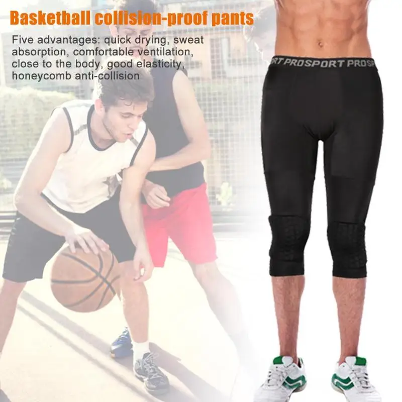 

Male Crash Pant Tights Knee Pad Sports Honeycomb Seven Pants Sweatpants With Kneepad for Men basketball Fitness Sport apparel