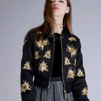 

Sequins Stars embroidery Baseball Jacket High Waist Flowers Bomber Coat long sleeve Pilot baseball uniform Zipper Cardigan Tops