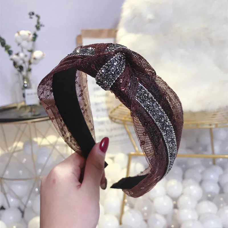 Новый блёстки яркий шелковая сетка Средний узел Hairbands флэш горный хрусталь Hairband для женщин аксессуары волос бандана с цветами