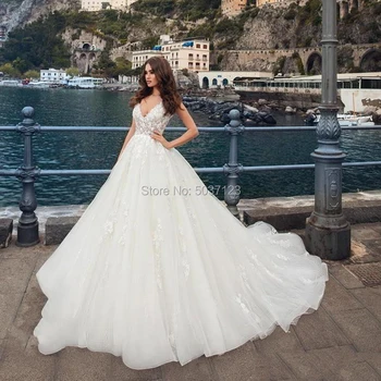 

A Line Wedding Dresses 2019 Vestidos De Noiva Deep V Neck Button Illusion Marriage Bridal Gown with Court Train Custom Made