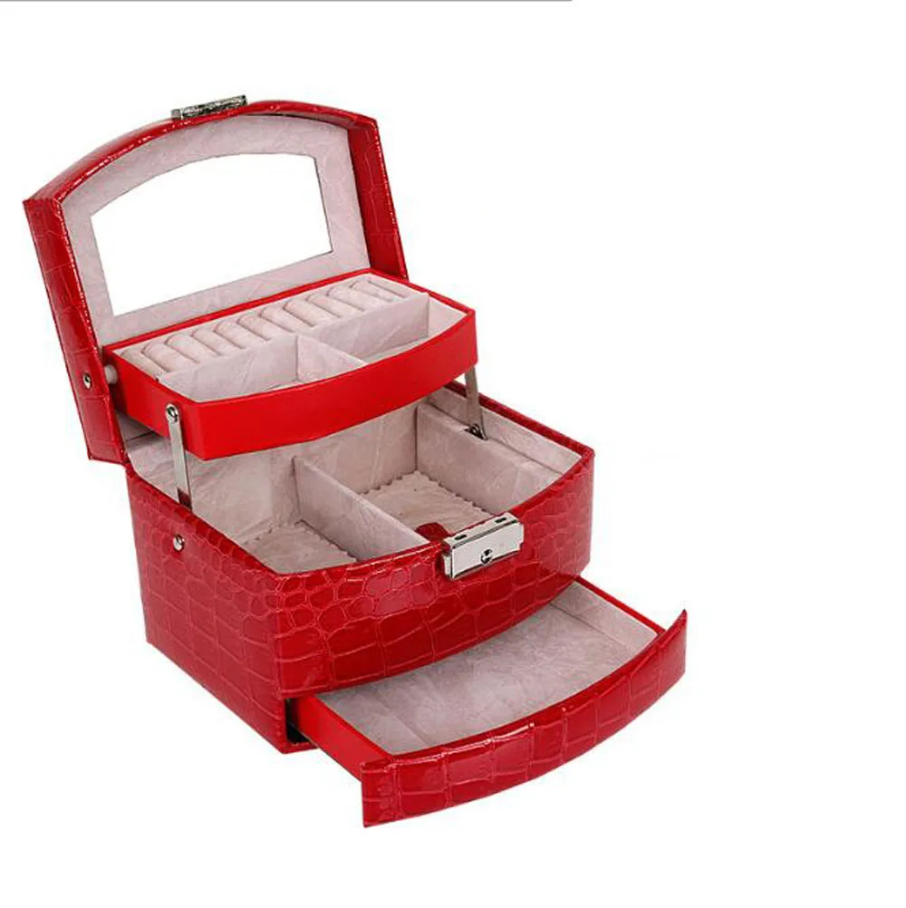 

Brand Crocodile PU Leather Jewelry Cases European Ladies Portable Drawing Box Earings Jewel Case Three Layers Storage Case New