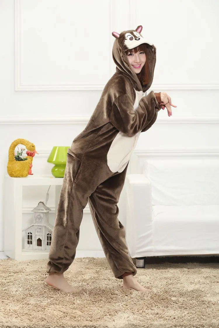 Chipmunks One Piece Animal Cosplay Costume Onesies Pajamas Jumpsuit Hoodies Adults Cosplay Costumes for Halloween and Carnival