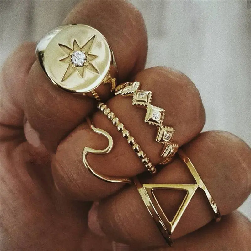 

5Pcs/Set Vintage Star Opal Crystal Finger Ring Set Bohemian Gold Moon Crown Knuckle Midi Rings Women Jewelry Accessories