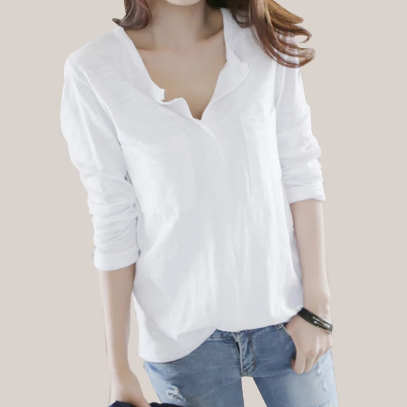 

Women T Shirt 2018 Autumn femme tshirt Fashion Sexy V Neck Cotton Solid Tops Casual Female Long Sleeve T-shirts Camisetas Mujer