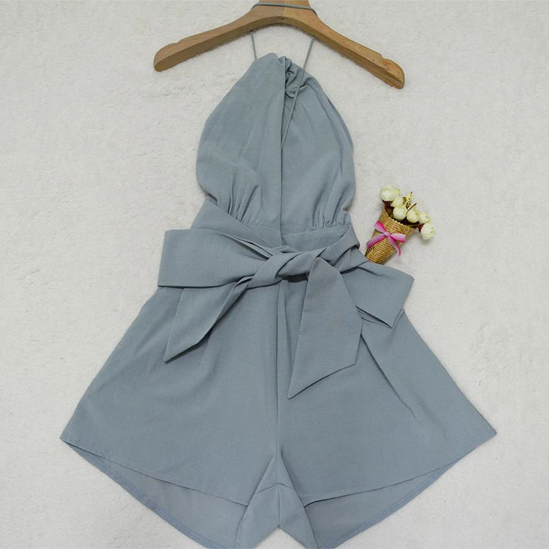 Casual Boho Beach Women Summer Playsuit With Sash Tie Camis Halter Sleeveless Backless Sexy Short Rompers Jumpsuit (9)