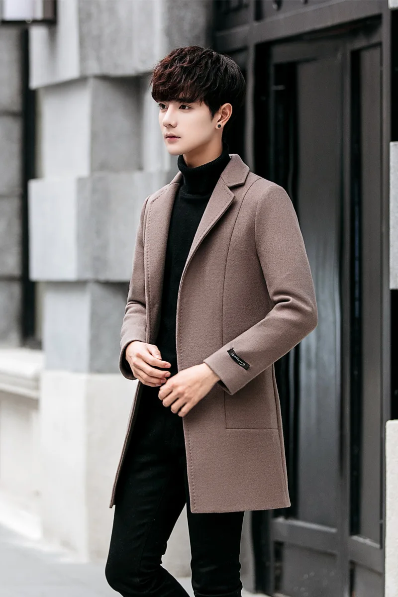Повседневное зимнее модное шерстяное пальто, приталенное шерстяное пальто с отложным воротником и однобортное пальто